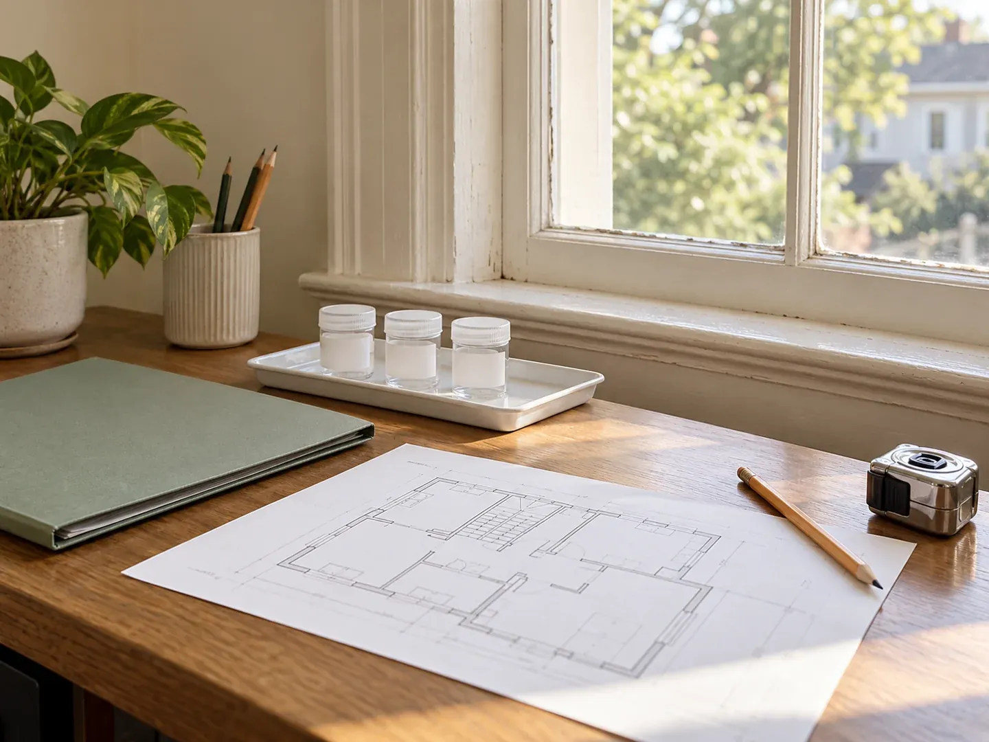 Floor plan, binder and sealed sample containers on a desk beside an older painted window sill
