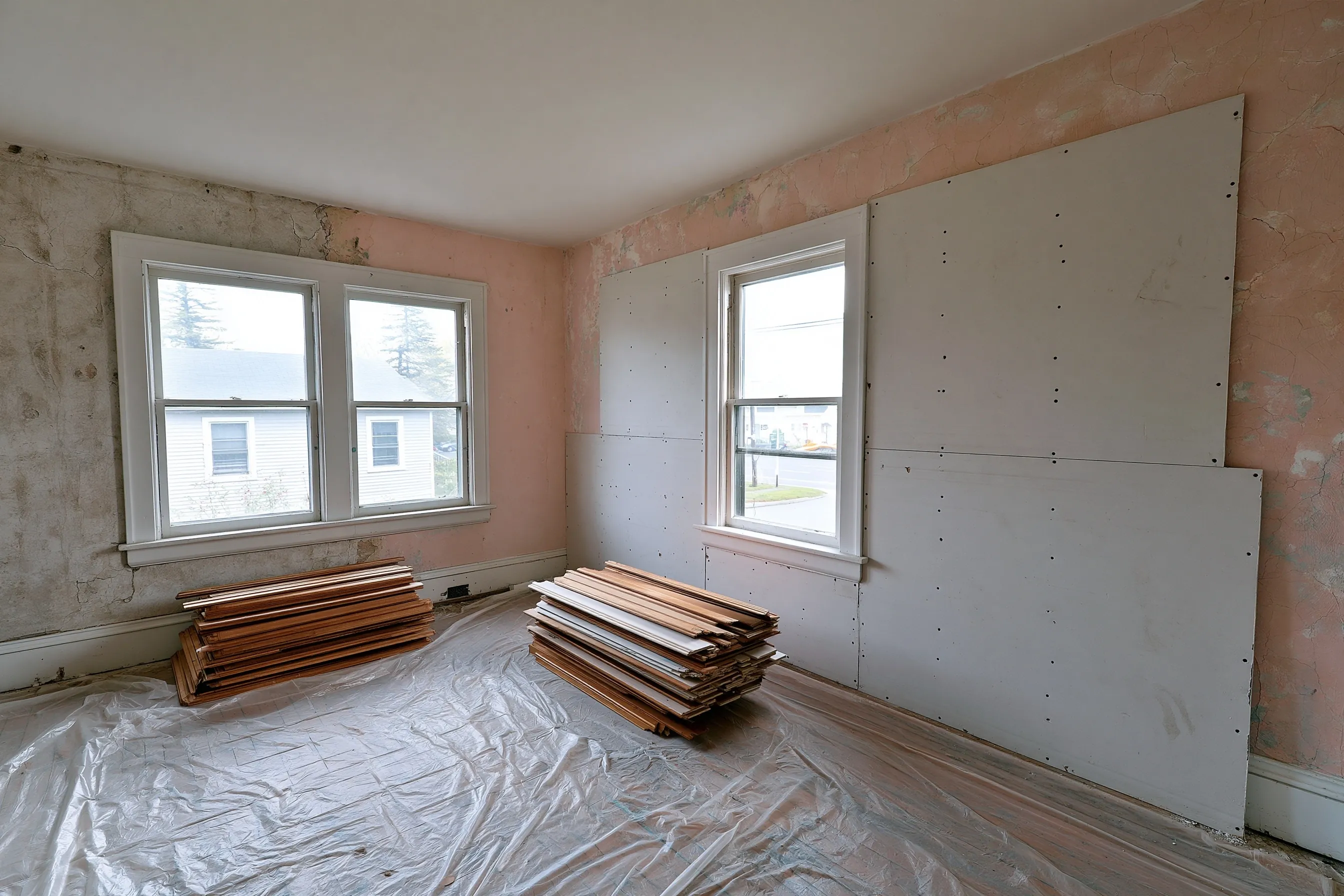 Bedroom with new drywall screwed over cracked painted plaster on one wall, bare plaster on the other and removed trim stacked on plastic