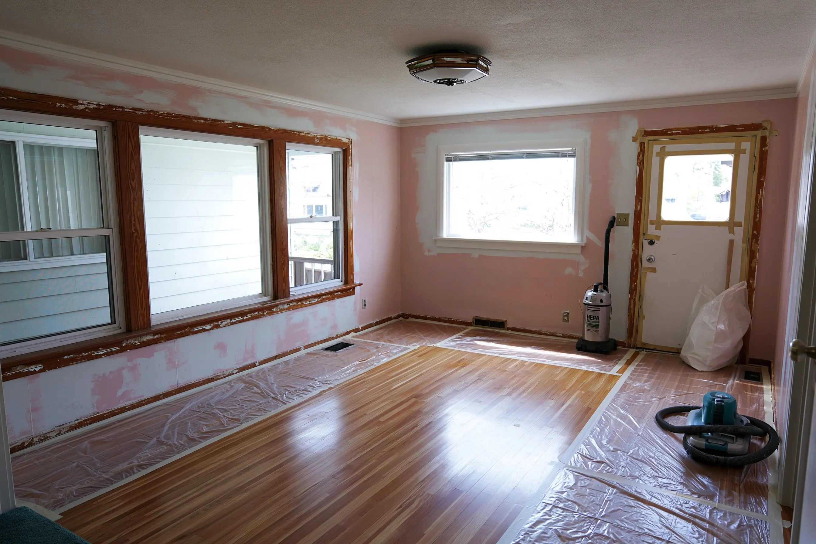 Empty living room with plastic runs under the windows, scraped window trim, patched walls, a taped back door and two vacuums
