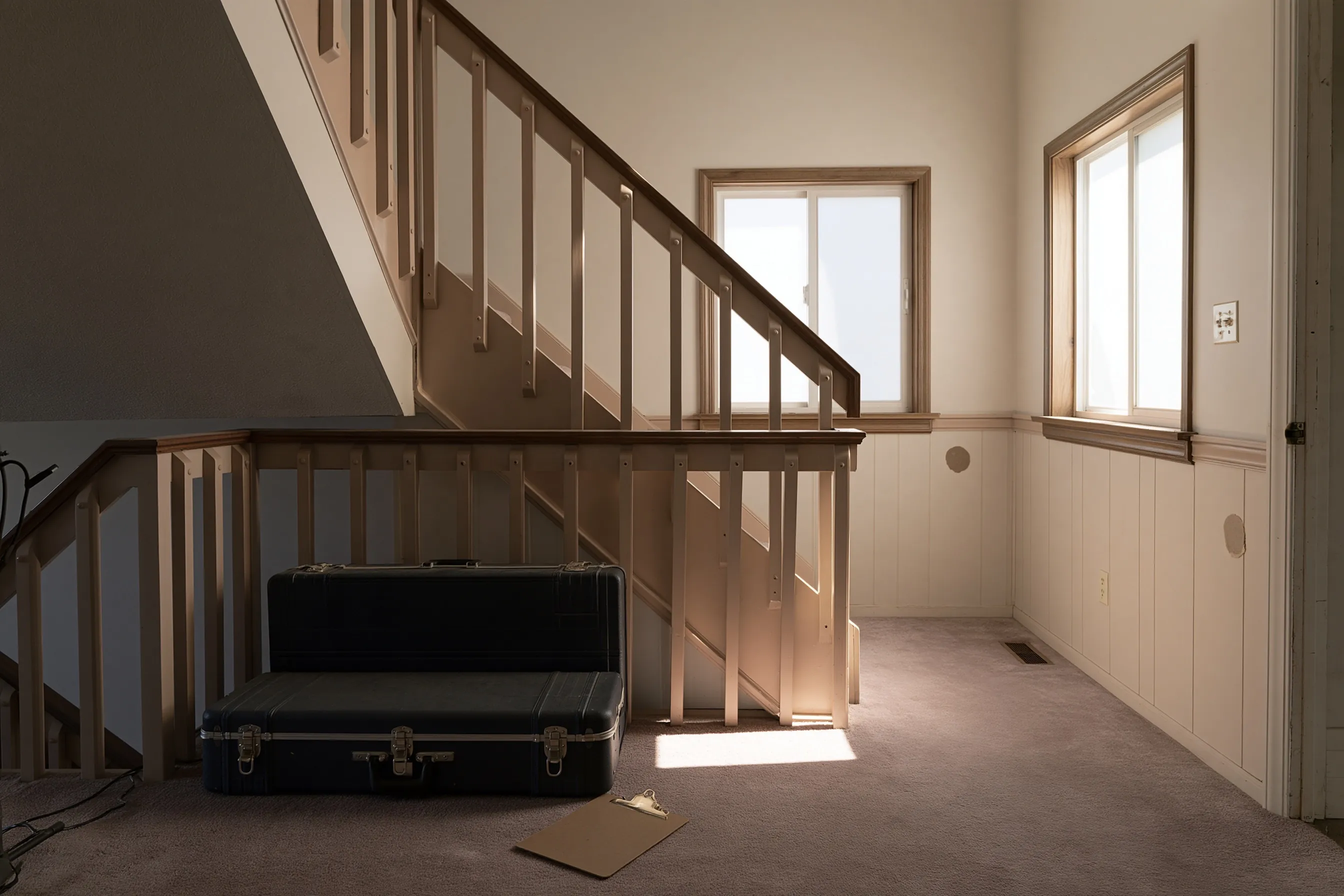 Split-level stair landing with painted wood railings and paneled wainscot, a closed black instrument case and a clipboard on the carpet