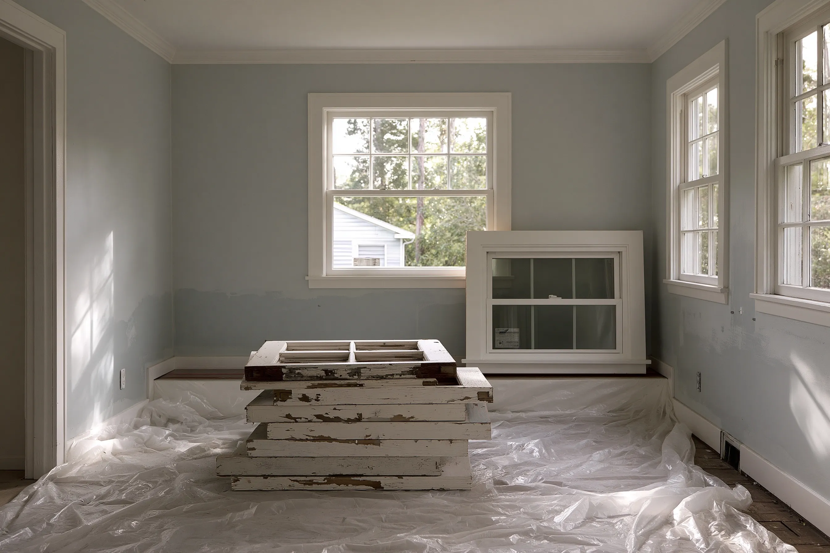 Bedroom with old paint-chipped wood sashes stacked on plastic sheeting and a new double-hung window leaning ready below a window