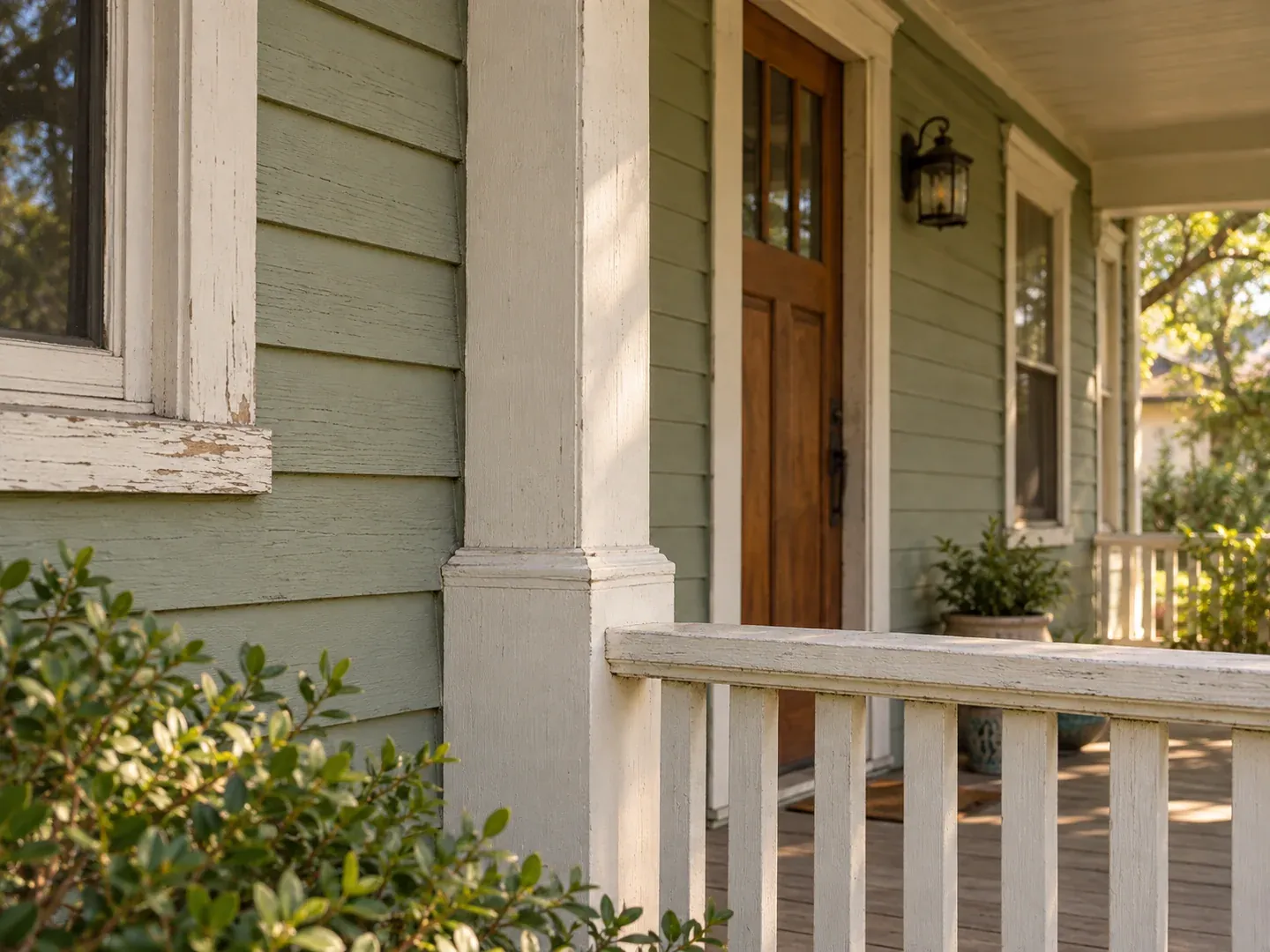 Painted lap siding, a porch post and railing beside a wood front door, with worn paint on a window sill