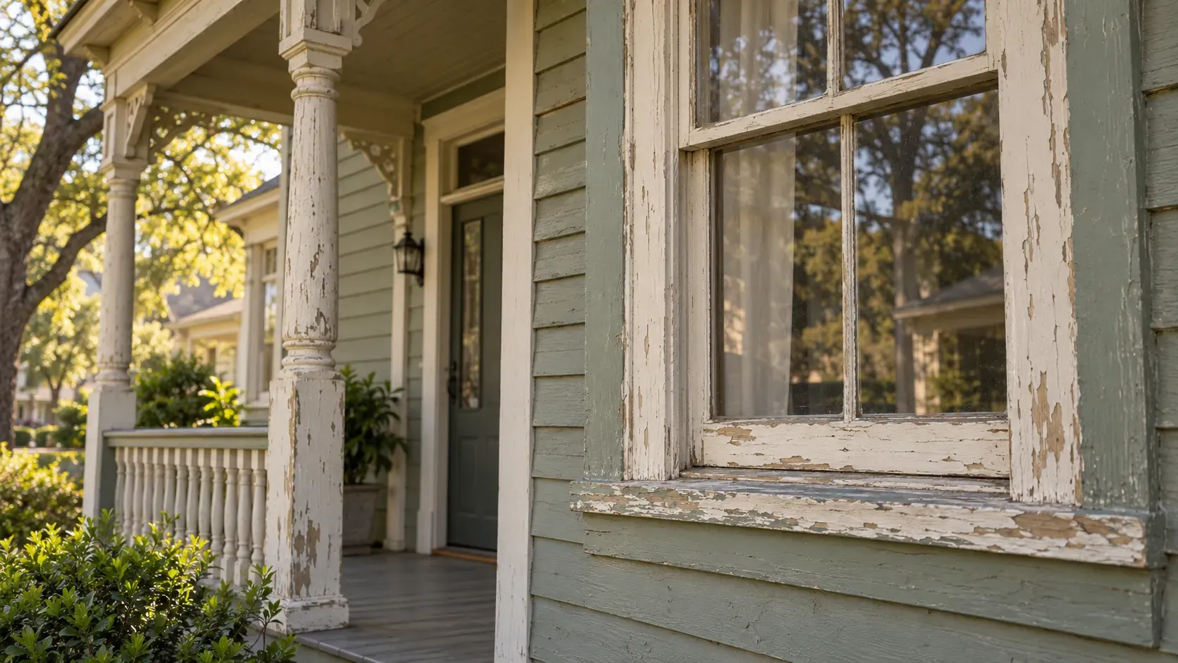 Older house front with paint flaking from a window sash, sill and turned porch column