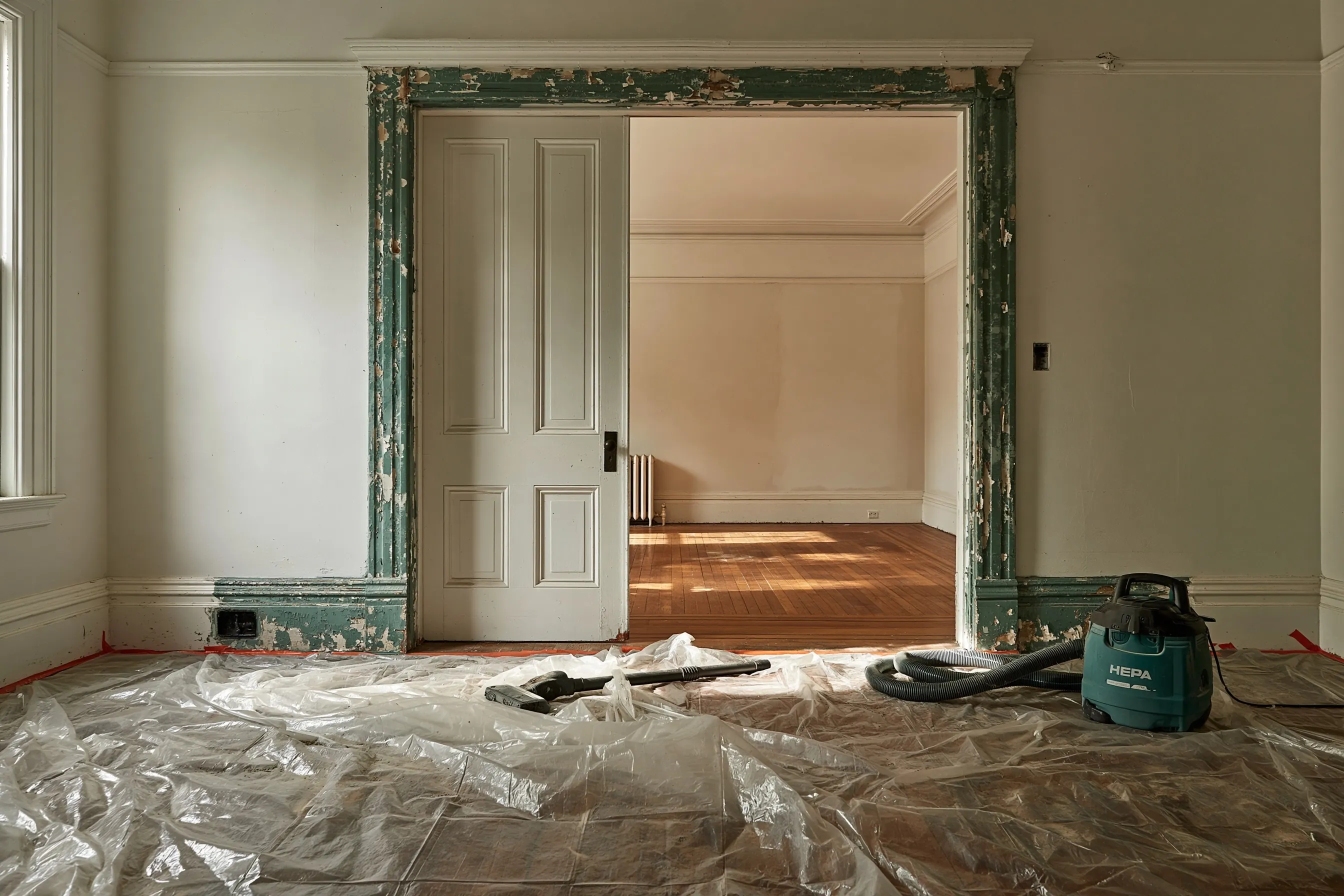 Interior door frame and baseboard with layers of old paint, in a room prepared with plastic sheeting