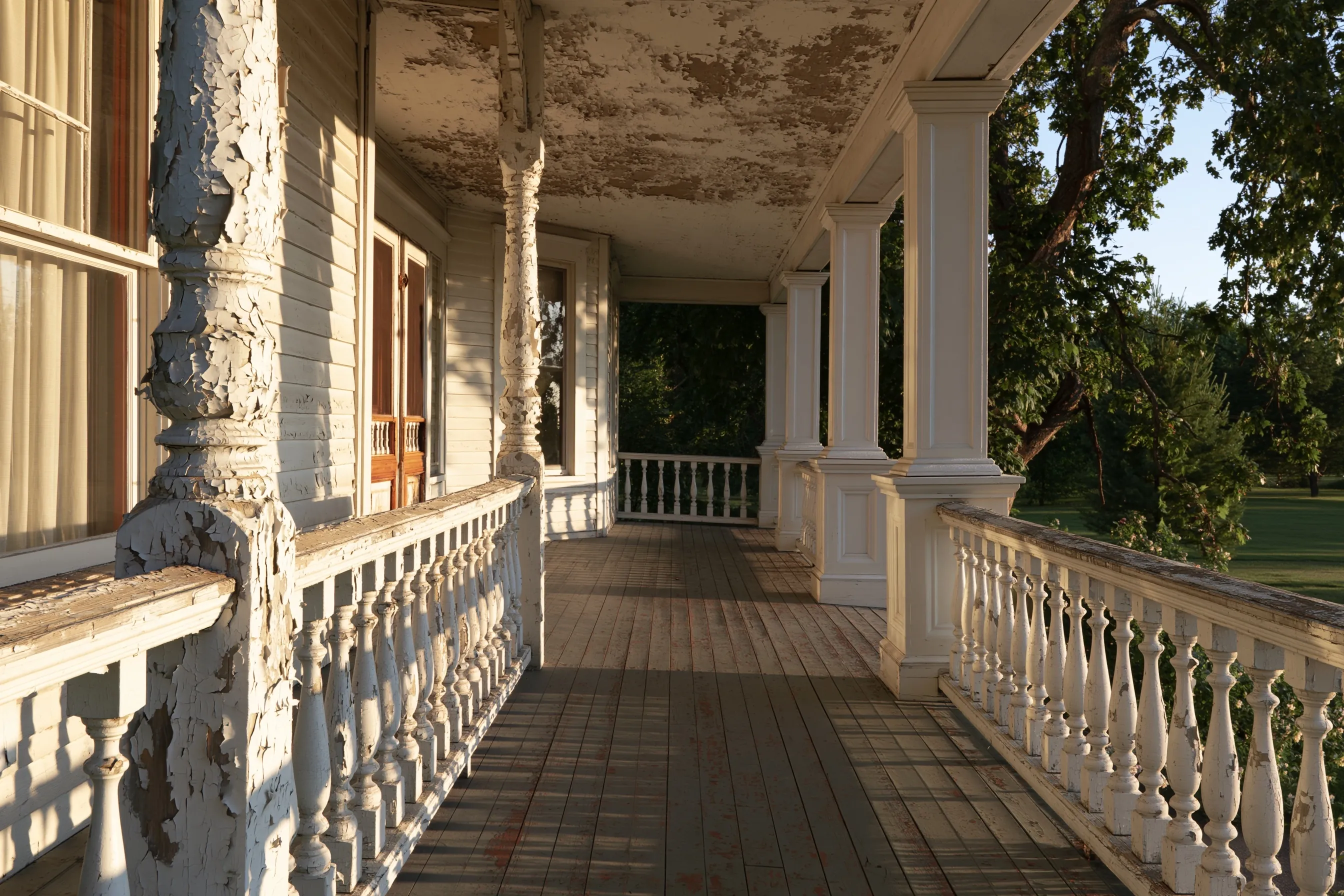 Long wooden porch on an older house with paint peeling from its turned columns, balusters and ceiling