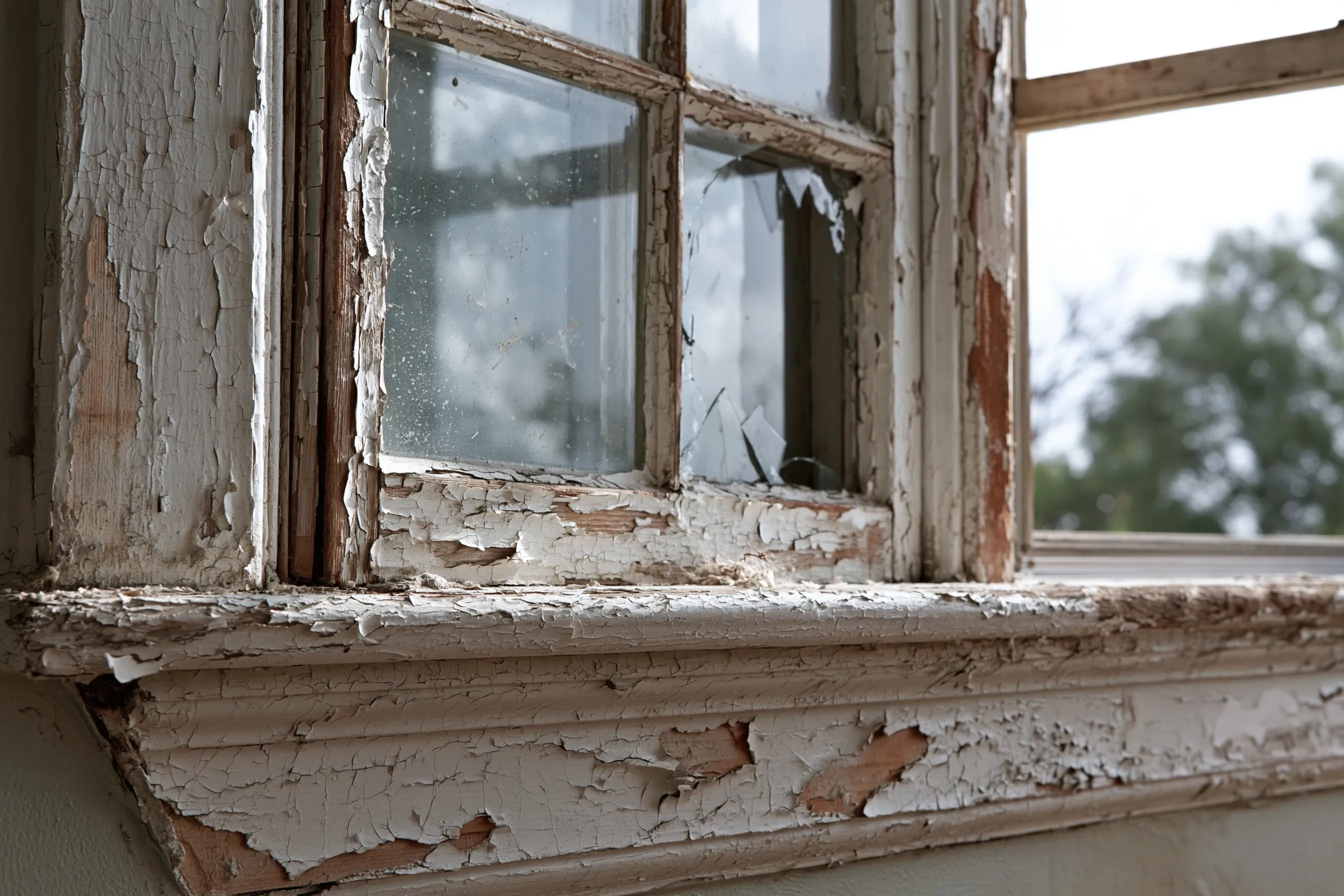 Old wood window sash and sill with many layers of chipped, peeling white paint